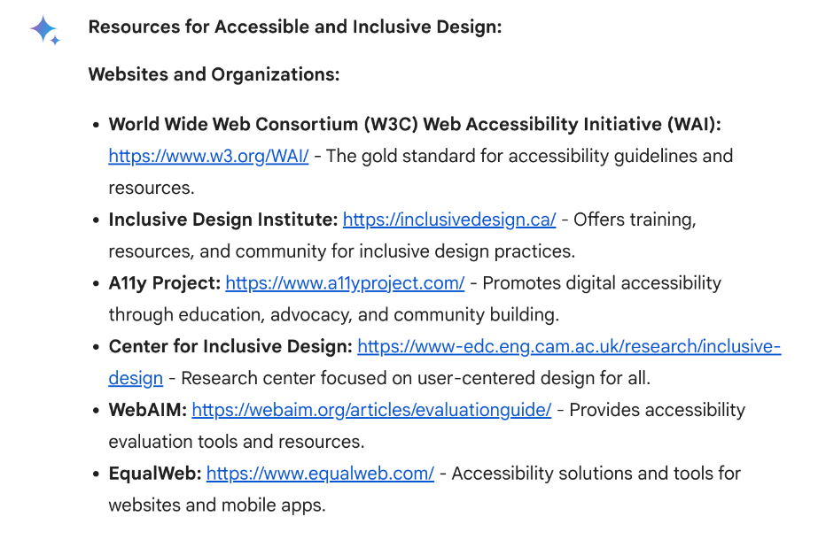 Screenshot of Bard/Gemini AI responding to accessible and inclusive design resources request 