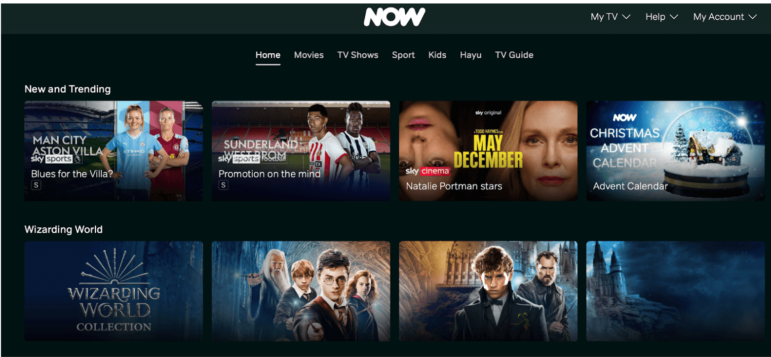 Screenshot of home screen for Now TV, a British streaming service