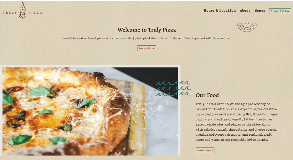 Screenshot of the Truly Prizza website homepage