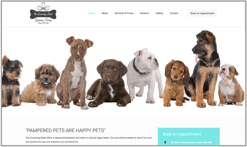 Screenshot of the Grooming Shed website homepage that shows a group of cute dogs sitting together