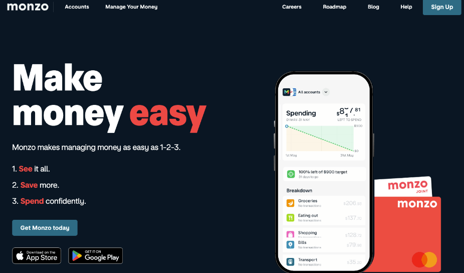 Screenshot of the Monzo website homepage