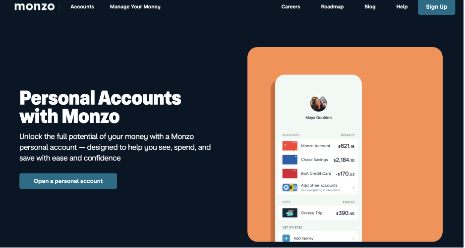 Screenshot of the personal account page on the Monzo website