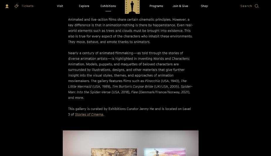 Screenshot of the exhibit page on the Academy Museum website