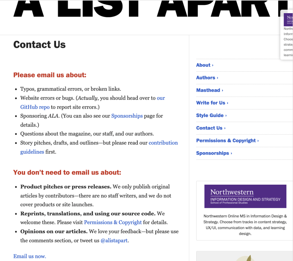 Screenshot of A List Apart website