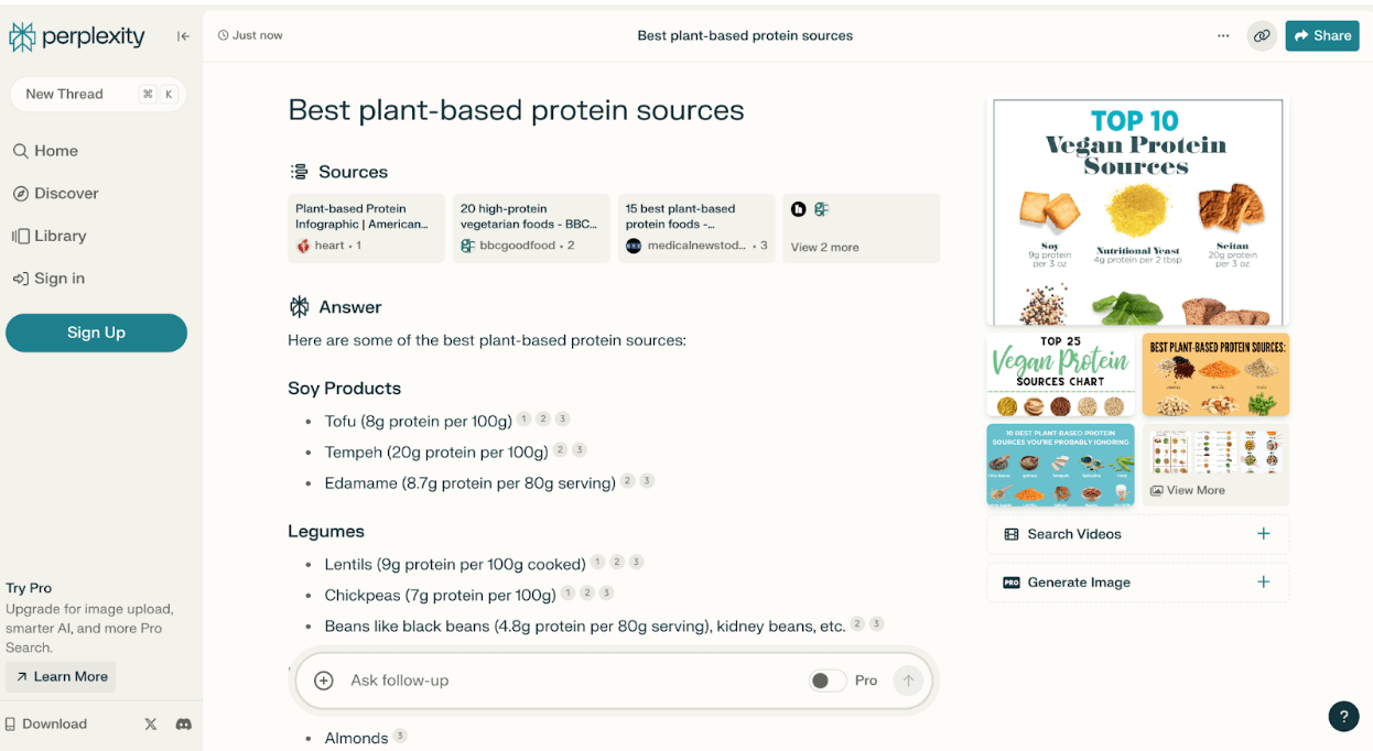 Screen shot of the Perplexity AI, responding to the query about the Best plant-based protein sources.
