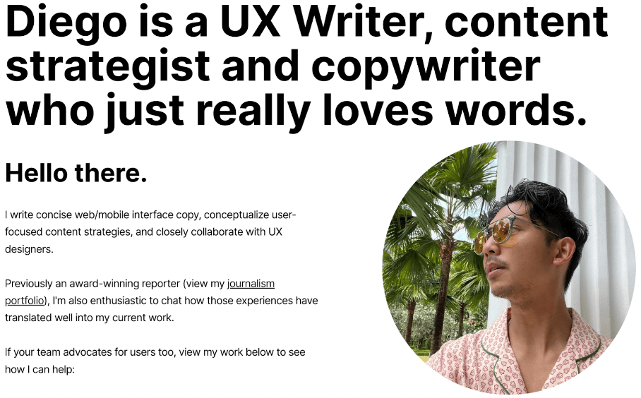 Screenshot of Diego Cagara’s UX writing portfolio