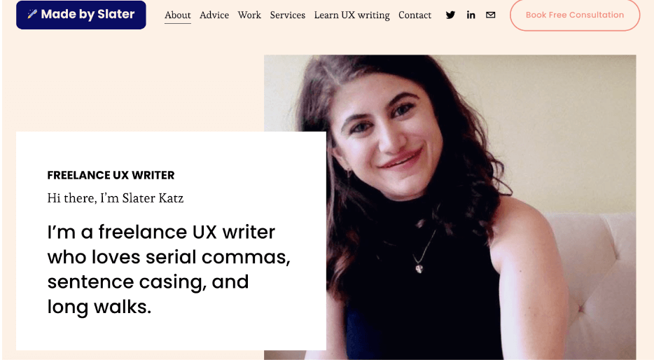 Screenshot of Slater Katz’s UX writing portfolio