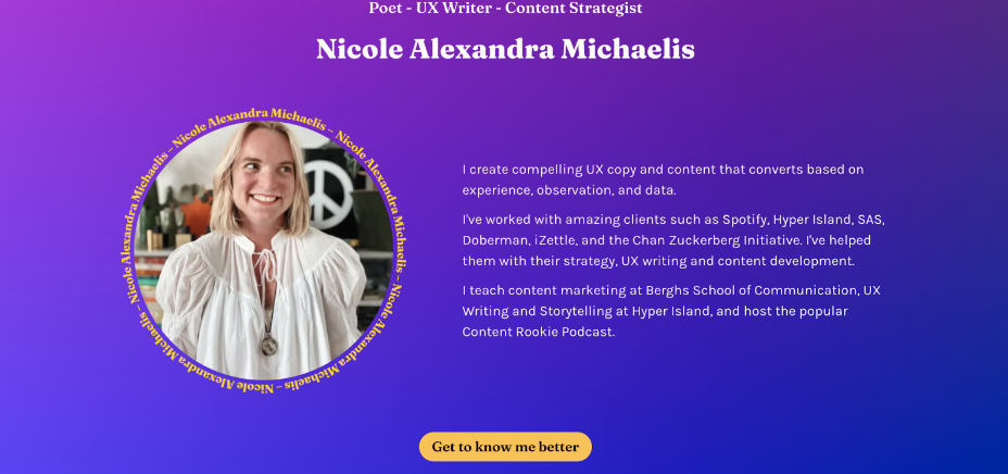 Screenshot of Nicole Alexandra Michaelis’ UX writing portfolio 