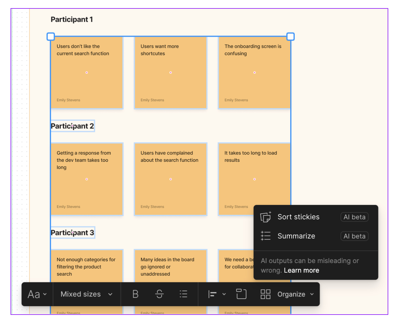 Screenshot of how to sort stickies on FigJam