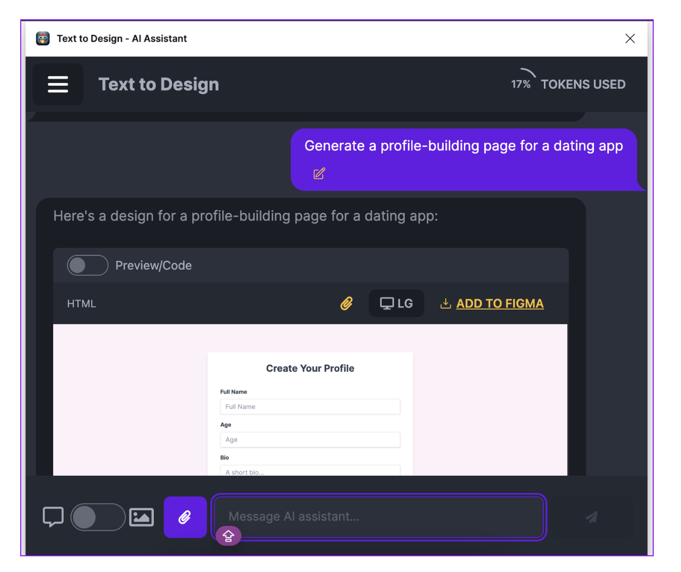 Screenshot of text to design AI assistant in Figma