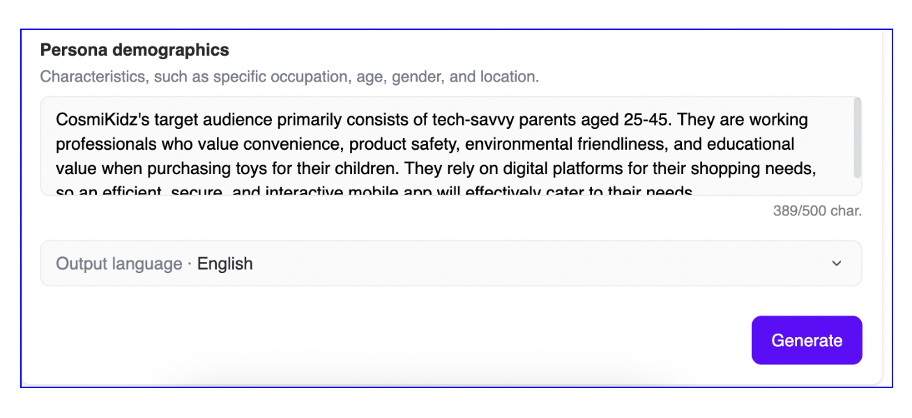 Screenshot of the persona demographics section within Figma