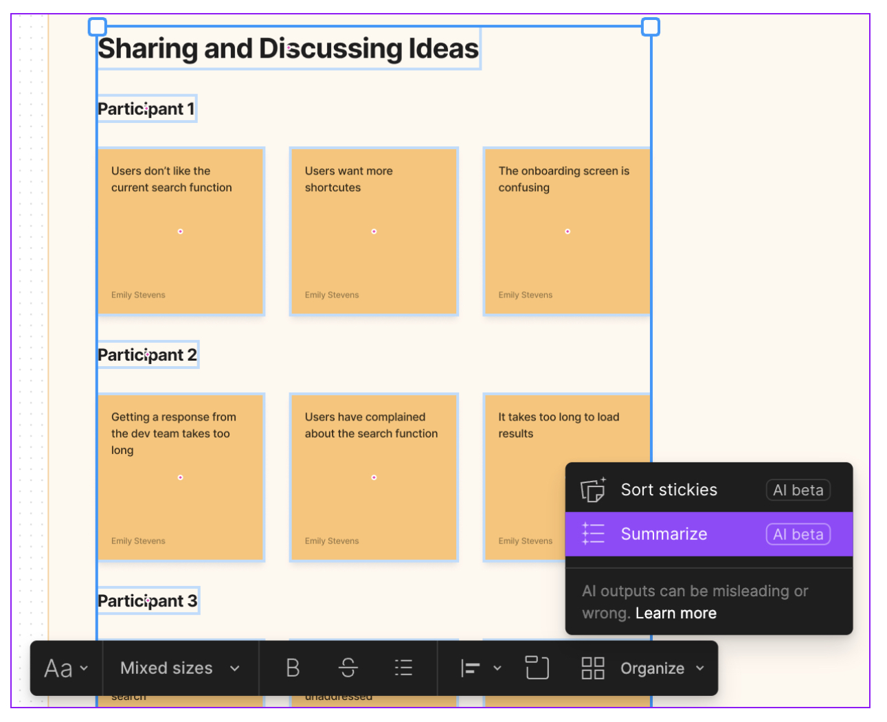 Screenshot of how to summarise sticky notes on FigJam