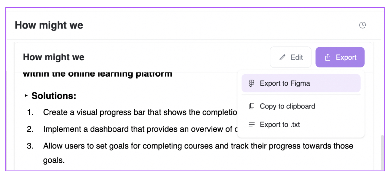 Screenshot of exporting solutions from QoQo to Figma for further exploration. 