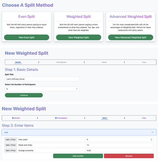 Screenshot of the Splitify bill-splitting web app