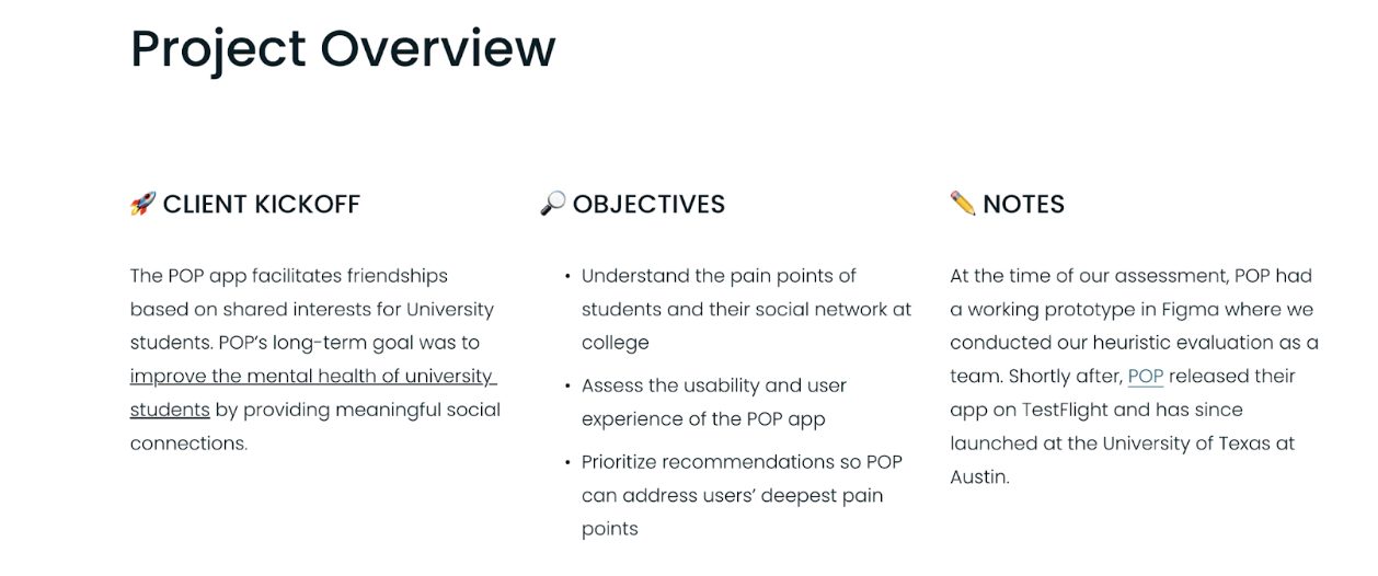 Screenshot of project overview for POP app planning