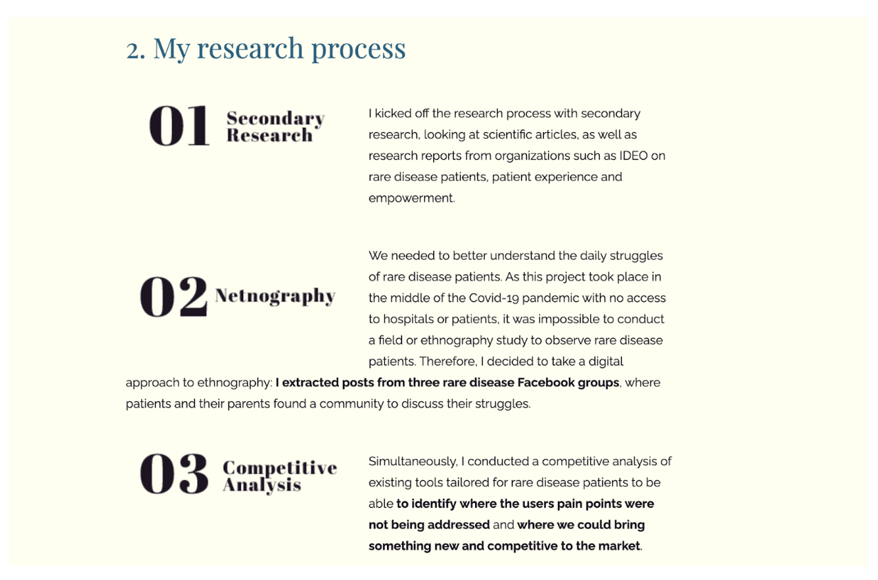 Screenshot of the research process completed for CaReD app