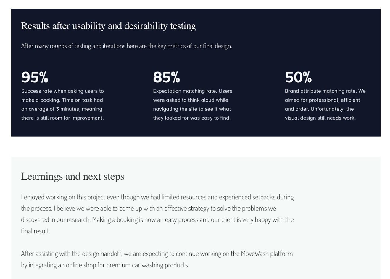 Screenshot of the results after usability and desirability testing for Move Wash project planning 