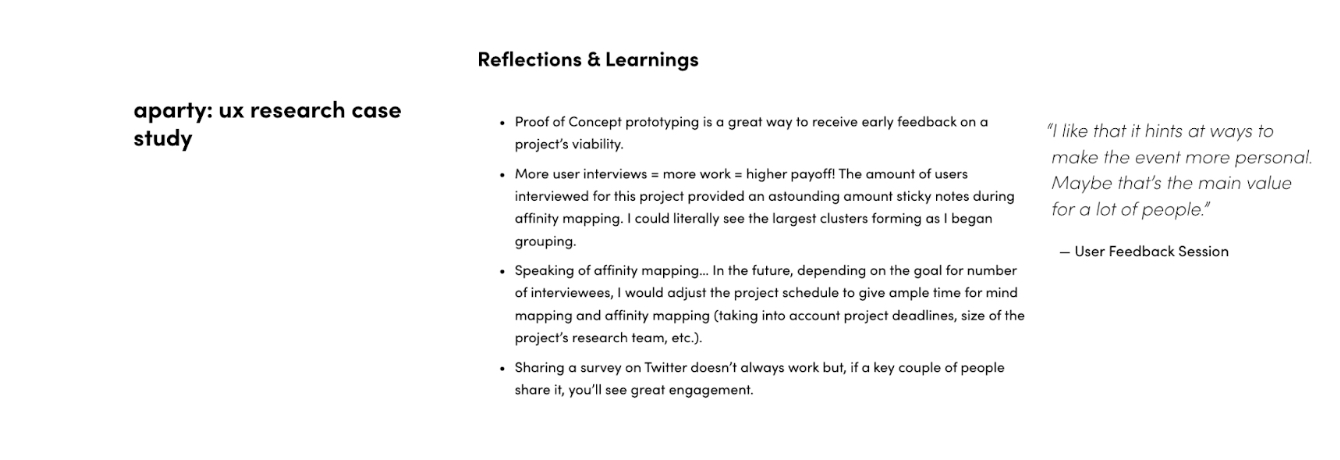 Aparty ux research reflection and learnings screenshot 