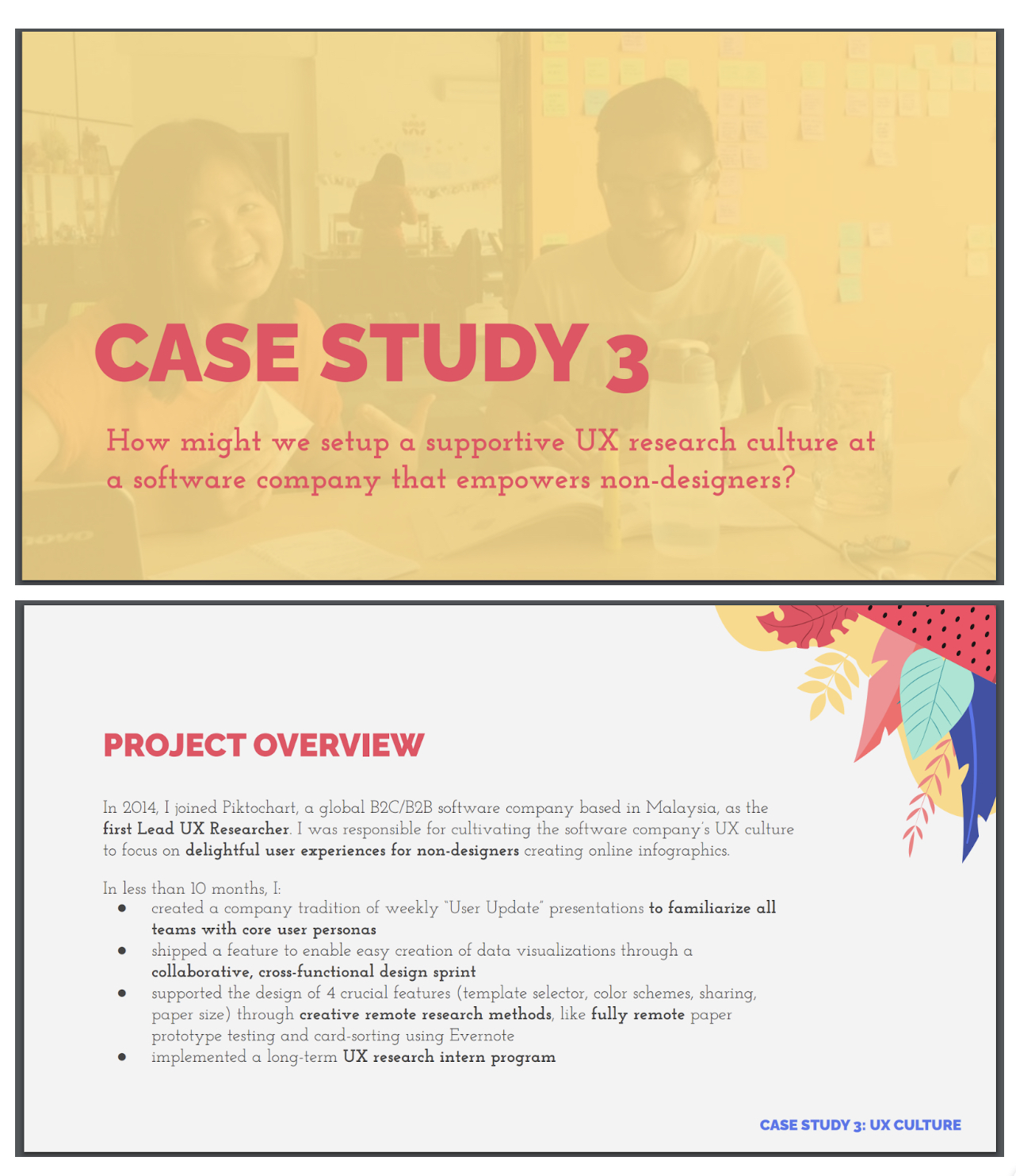 Screenshot of case study on how we might setup a supportive ux research culture at a software company that empowers non designers 