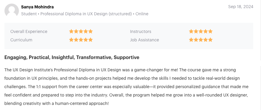 Screenshot of a great UXDI review on Course Report by a student recommeding the UX design diploma.