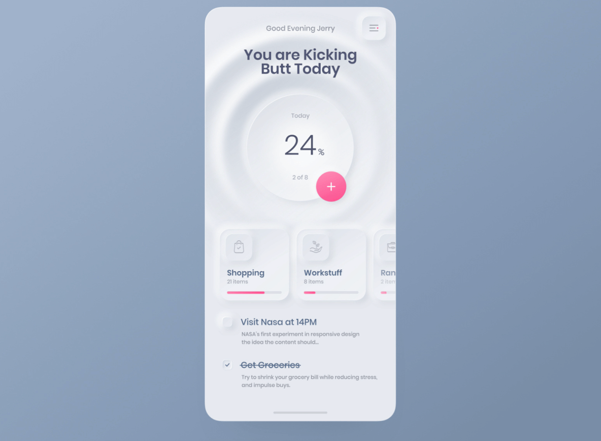 screenshot of Neumorphic to-do list app concept created by hersom